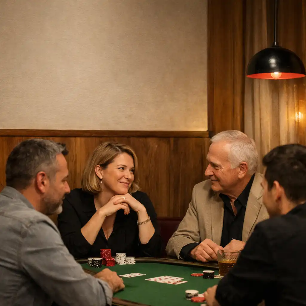 Meleg fényű lounge-jelenet fizikai pókerasztal körül beszélgető vendégekkel